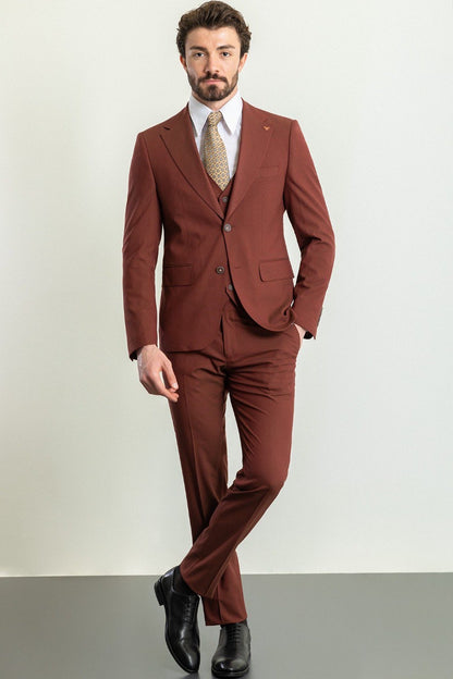 Brabion Elio Rust Brown Slim Fit Notch Lapel 3 Piece Suit