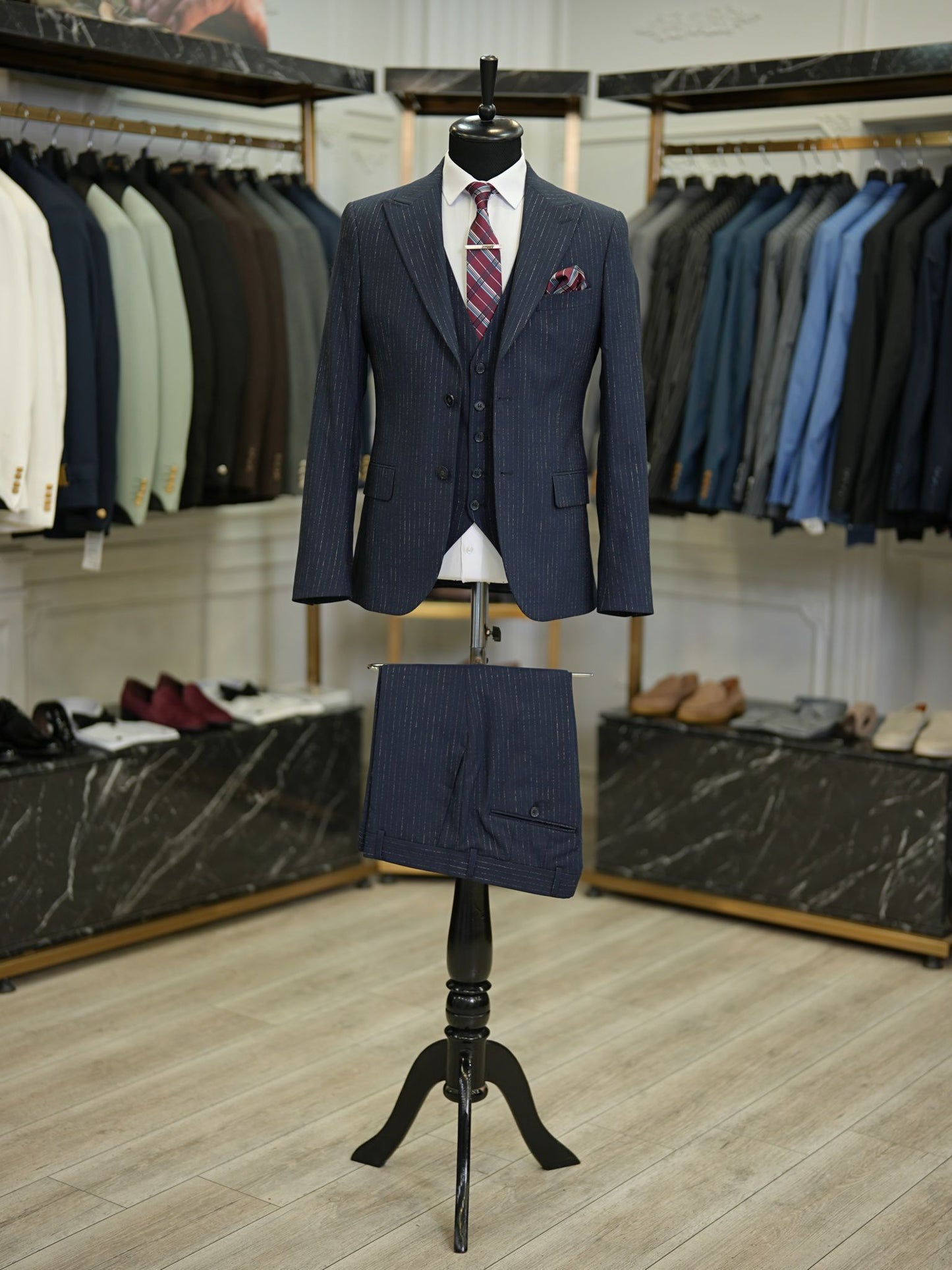 Brabion Maison Dark Blue Slim Fit Striped Suit: Elevate Your Wardrobe