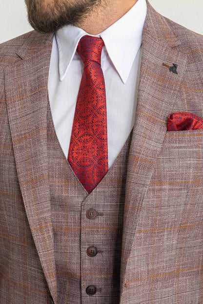 Brabion Rocco Burgundy Slim Fit Notch Lapel 3 Piece Crosshatch Plaid Suit