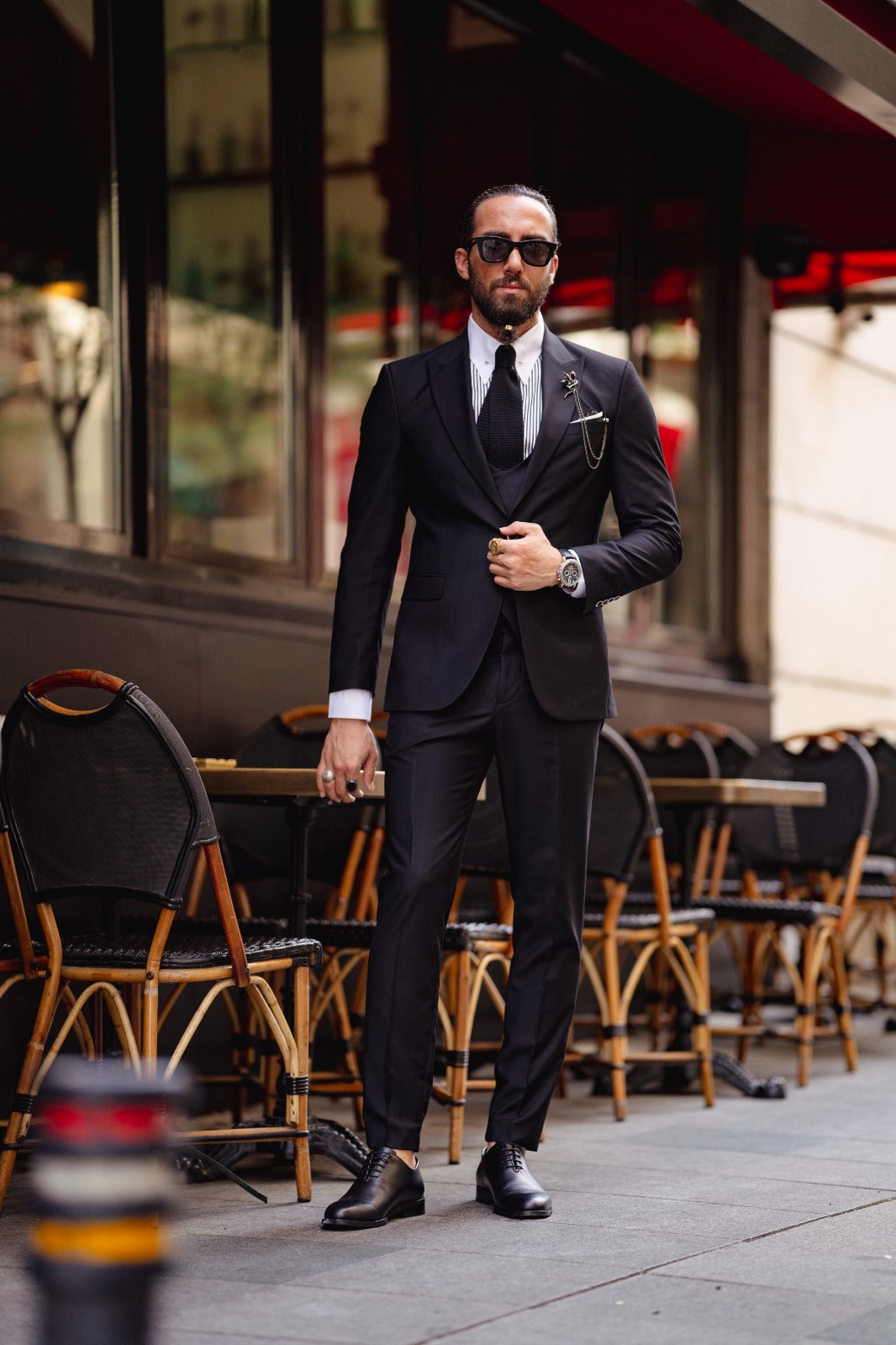 Ardean Black Slim Fit Peak Lapel 3 Piece Wool Suit – BRABION