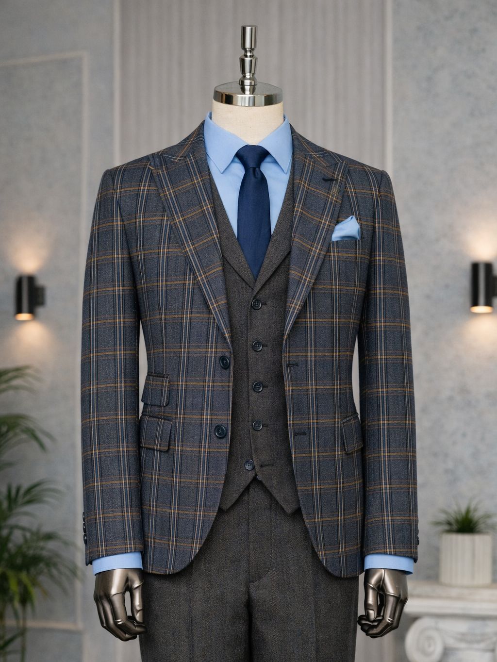 Navy Plaid Slim-Fit Suit 3-Piece VIOSSI