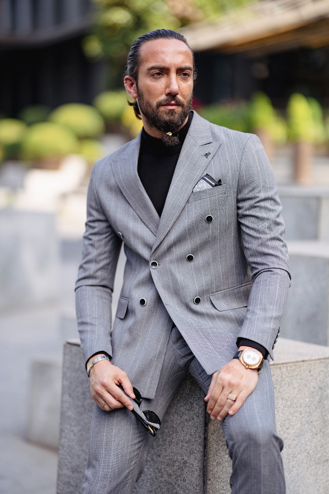 Paris Gray Slim Fit Peak Lapel Double Breasted Striped Suit