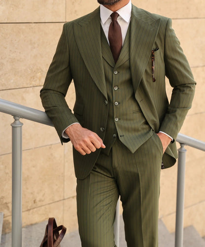 Khaki Striped Slim-Fit Suit 3-Piece VIOSSI