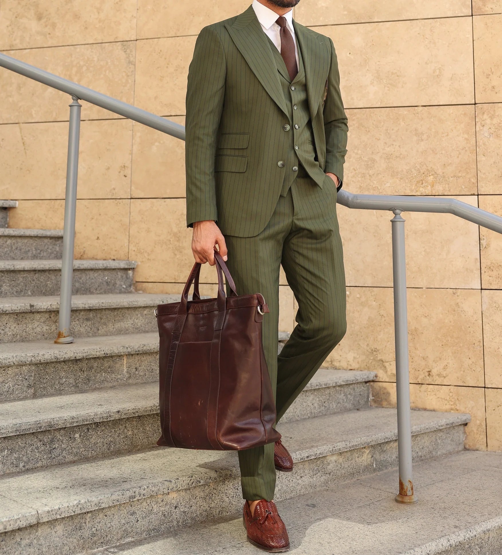 Khaki Striped Slim-Fit Suit 3-Piece VIOSSI
