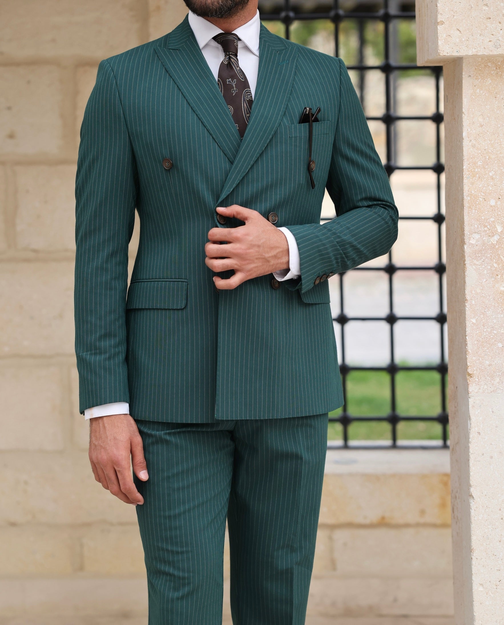 Green Striped Double Breasted Suit 2-Piece VIOSSI