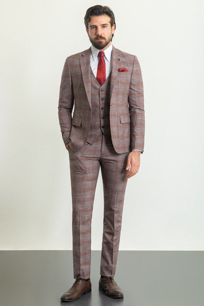 Brabion Rocco Burgundy Slim Fit Notch Lapel 3 Piece Crosshatch Plaid Suit