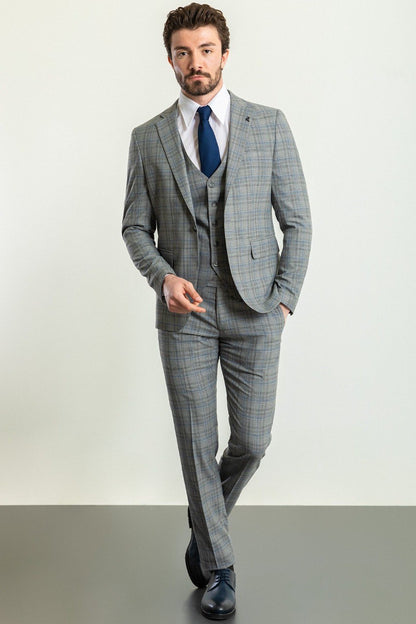 Brabion Elio Gray Blue Slim Fit Notch Lapel 3 Piece Plaid Suit