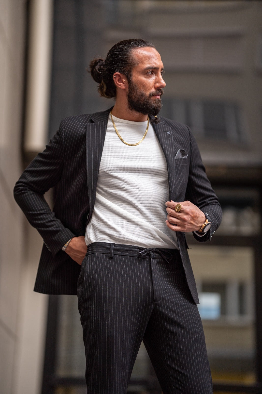 Black Slim Fit 2 Piece Peak Lapel Pinstripe Suit for Men