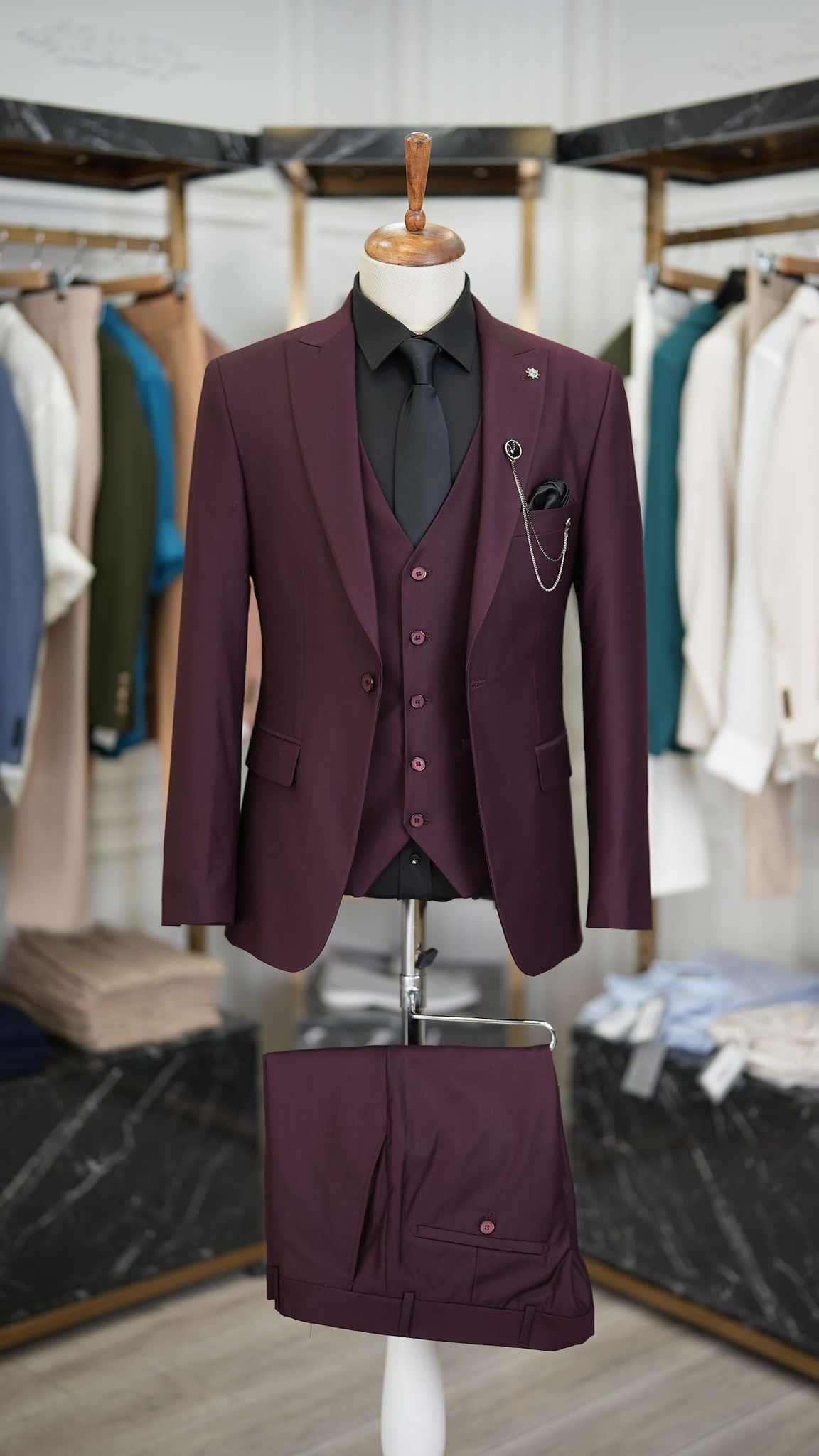 Paul Burgundy Slim Fit 3 Piece Peak Lapel Suit