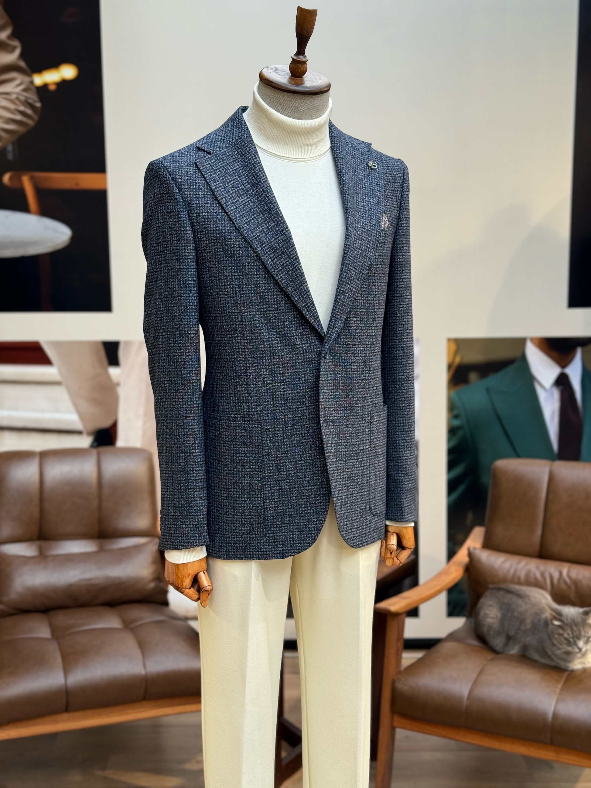 Navy Houndstooth Single Breasted Blazer - BRABION