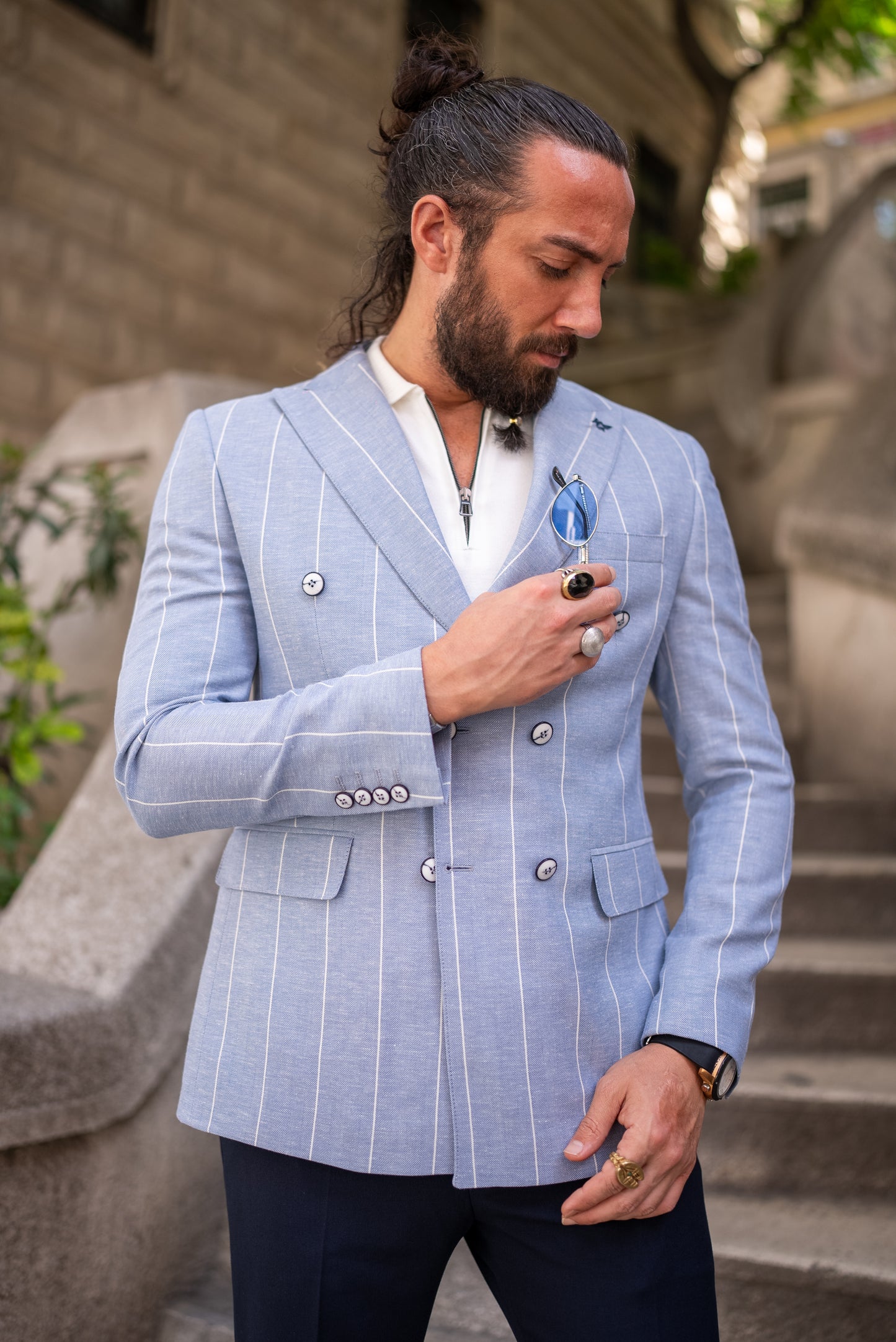 Brabion Noah Sky Blue Slim Fit Double Breasted Striped Blazer