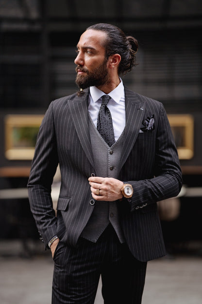 Paris Black Slim Fit Pinstripe Combination Suit