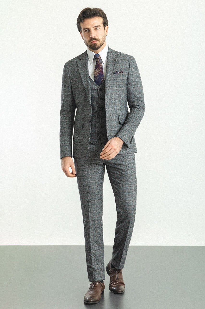 Brabion Marco Dark Gray Slim Fit Notch Lapel Plaid Check 3 Piece Suit