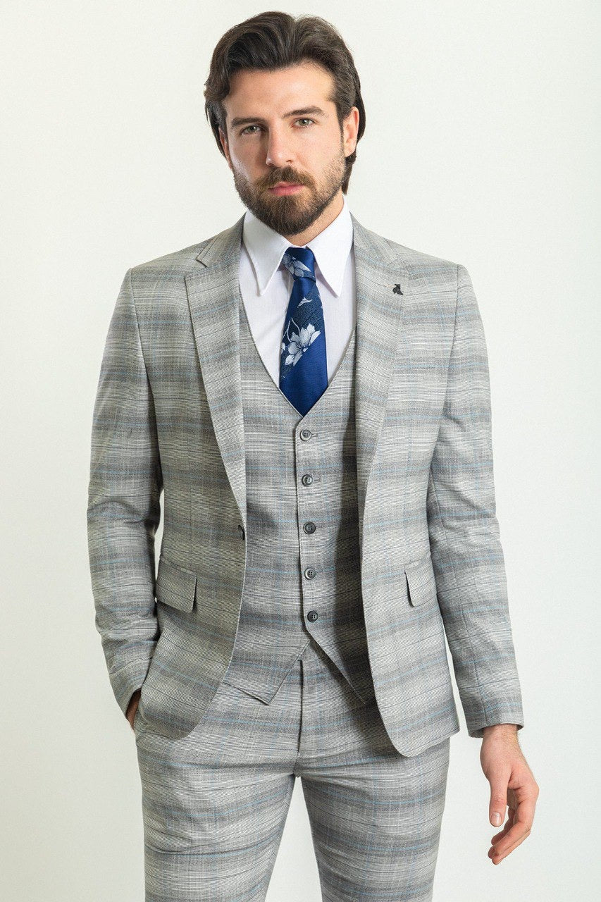 Brabion Rocco Gray Blue Slim Fit Notch Lapel 3 Piece Crosshatch Plaid Suit