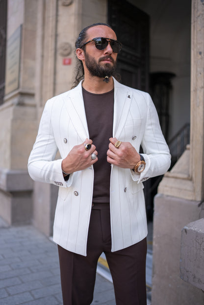 Brabion Noah White Slim Fit Double Breasted Striped Blazer