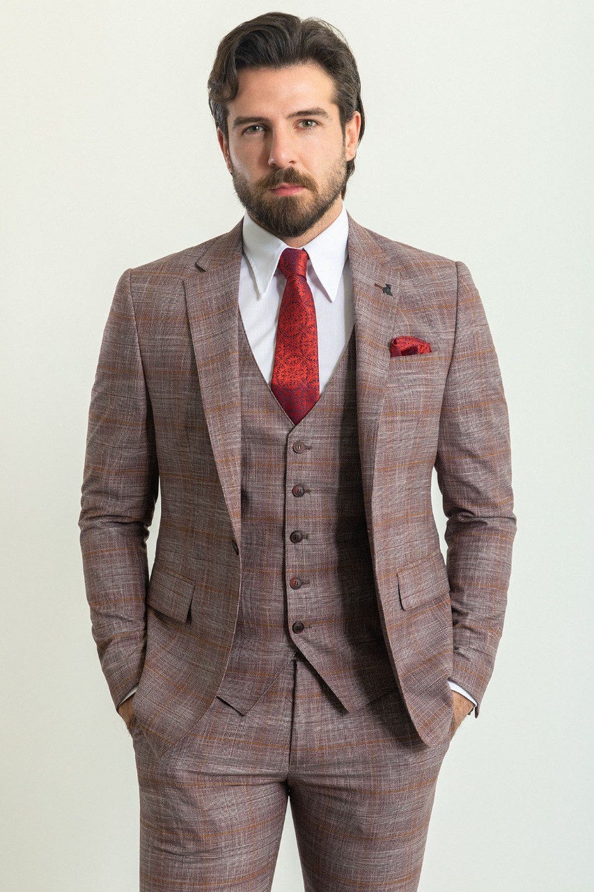 Brabion Rocco Burgundy Slim Fit Notch Lapel 3 Piece Crosshatch Plaid Suit