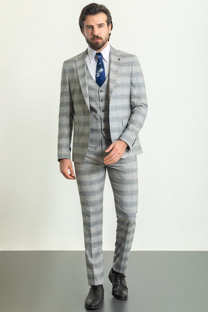 Brabion Rocco Gray Blue Slim Fit Notch Lapel 3 Piece Crosshatch Plaid Suit