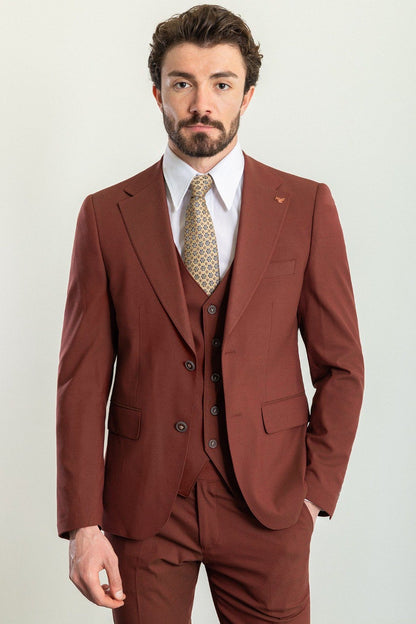 Brabion Elio Rust Brown Slim Fit Notch Lapel 3 Piece Suit