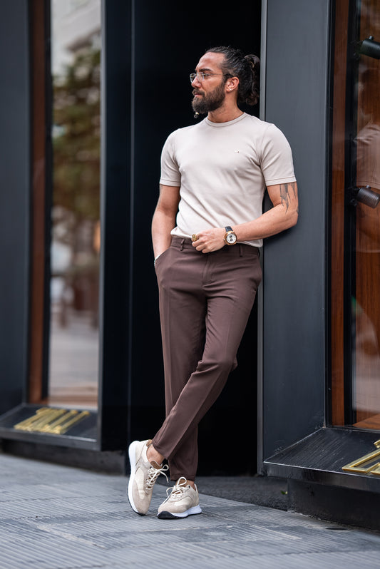 Brabion Maison Dark Brown Slim Fit Pants - Effortless Elegance and Comfort