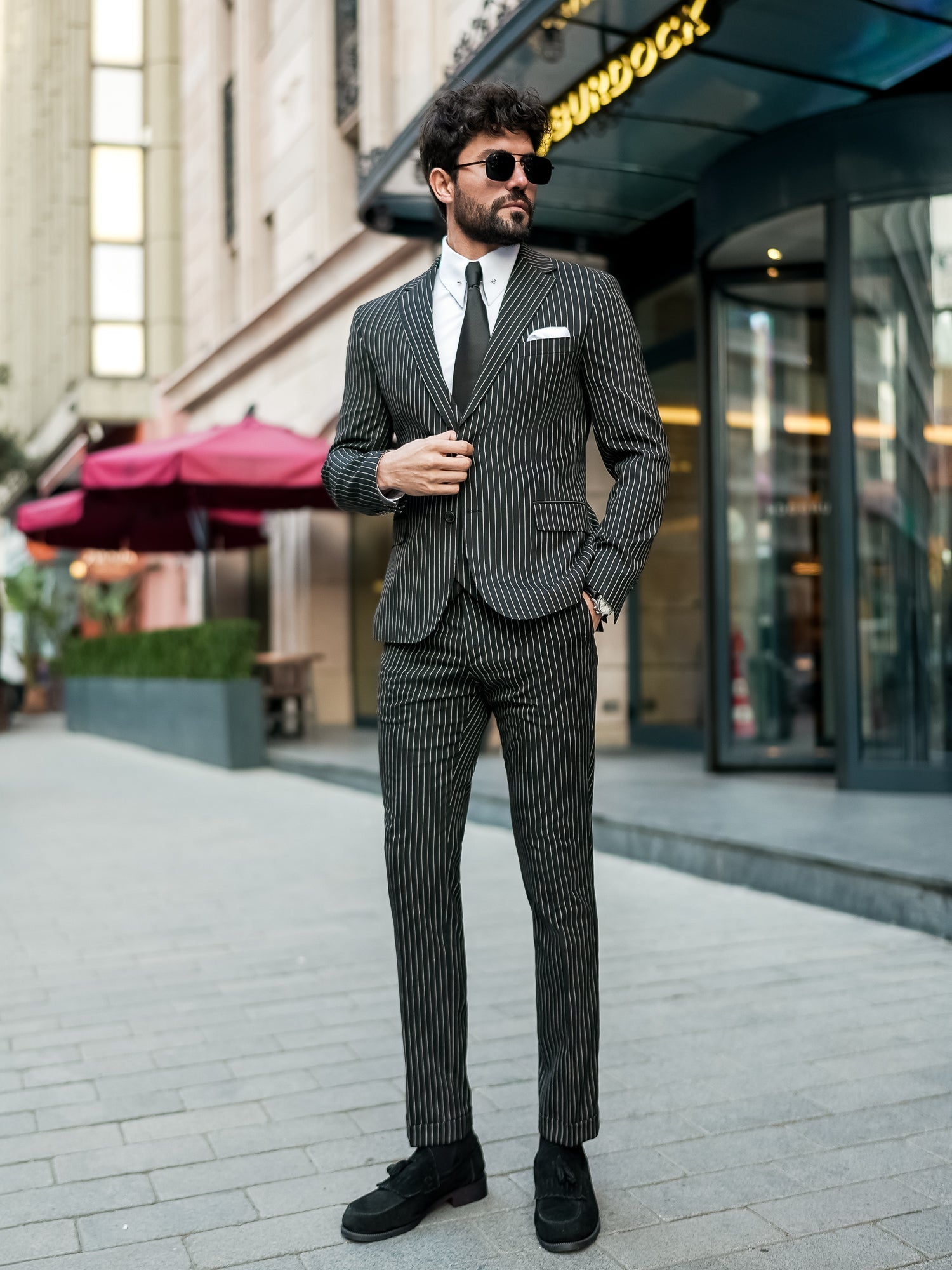 Black Striped Slim-Fit Suit 3-Piece VIOSSI