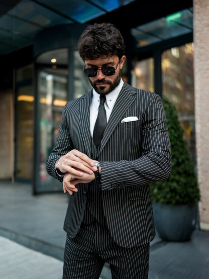 Black Striped Slim-Fit Suit 3-Piece VIOSSI