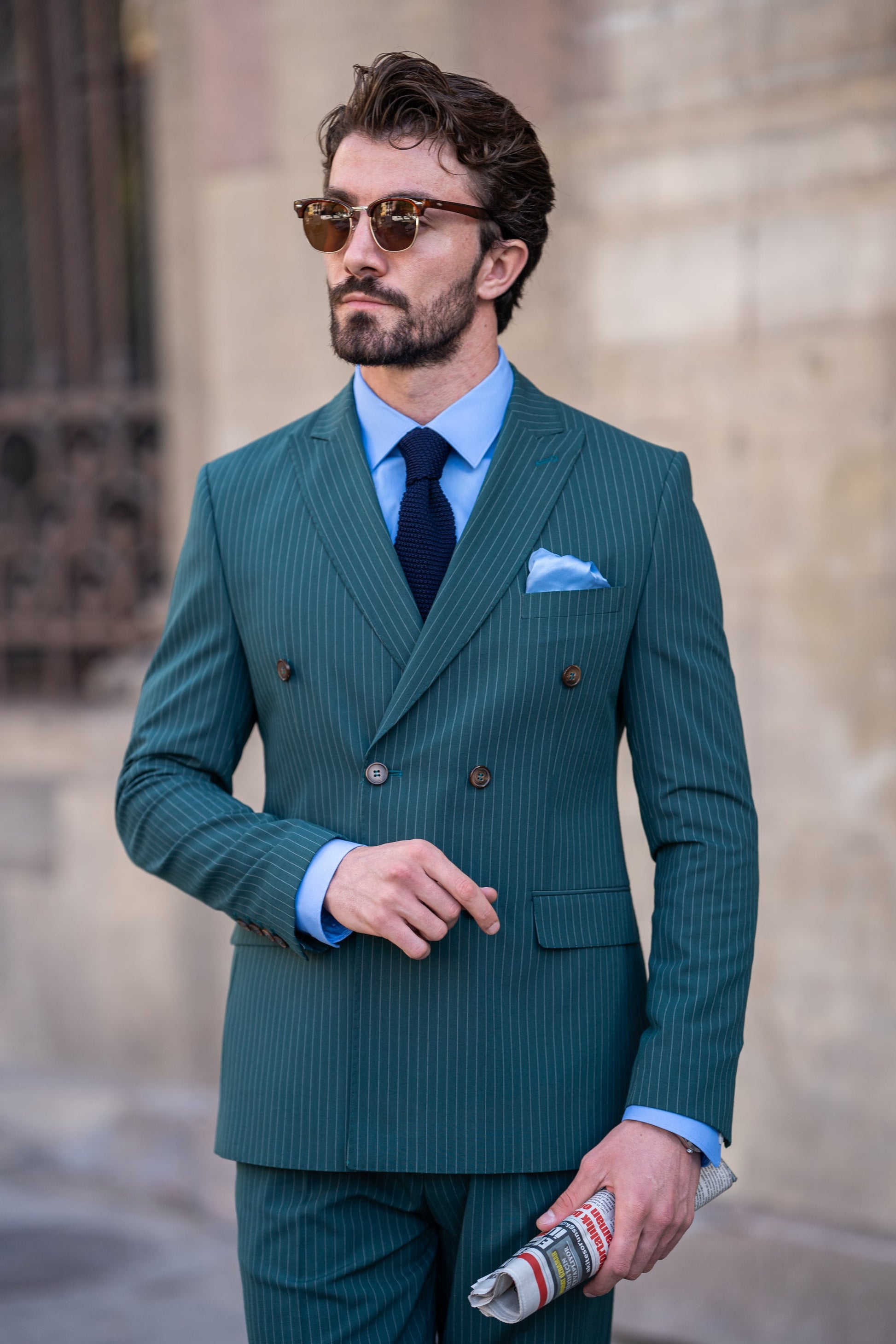 Green Striped Double Breasted Suit 2-Piece VIOSSI