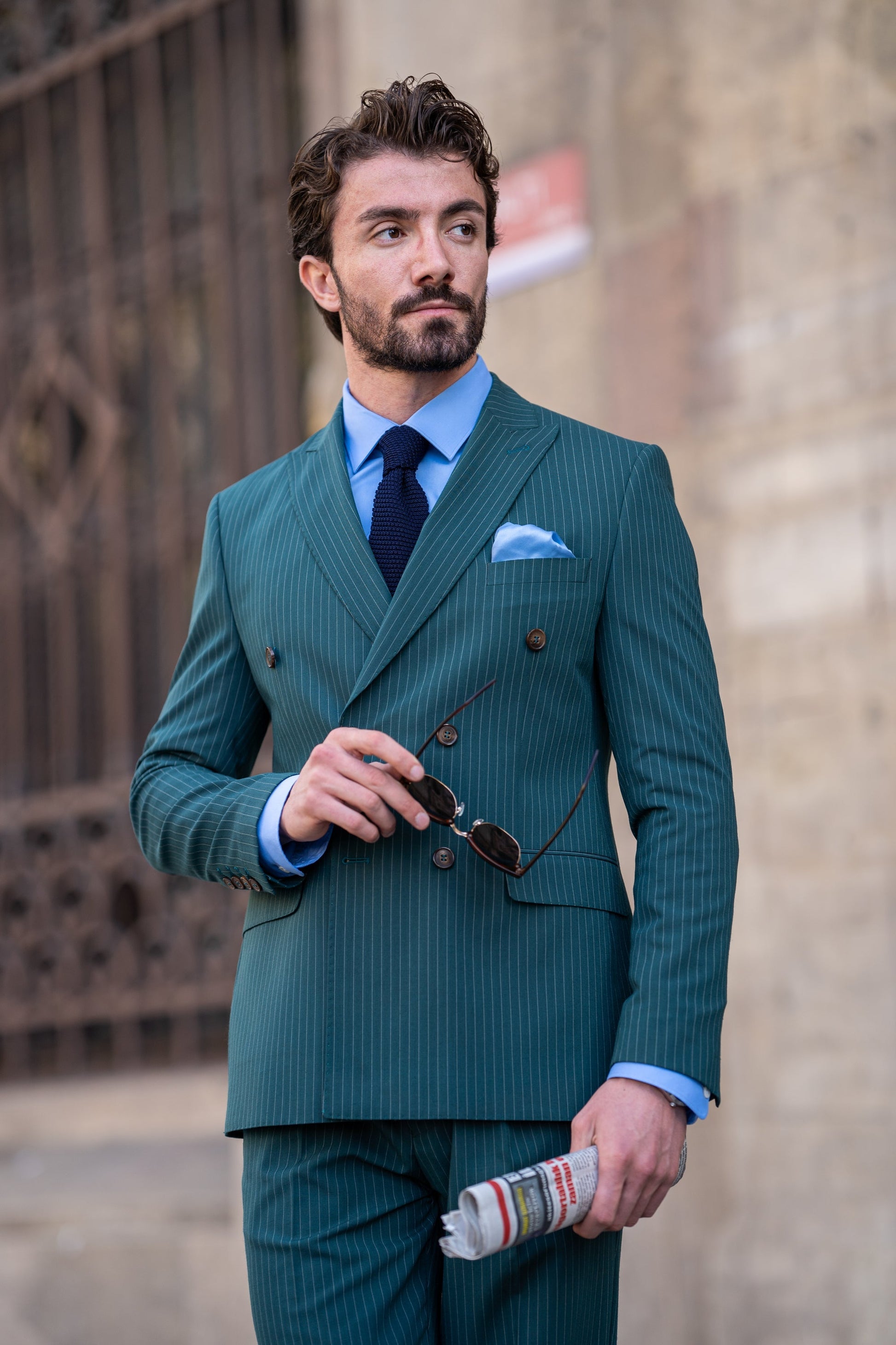Green Striped Double Breasted Suit 2-Piece VIOSSI