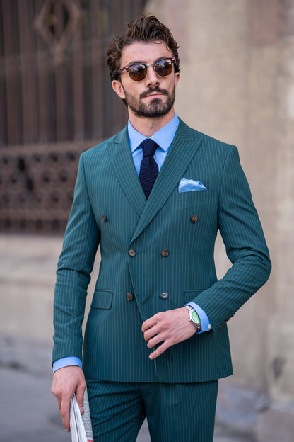 Green Striped Double Breasted Suit 2-Piece VIOSSI