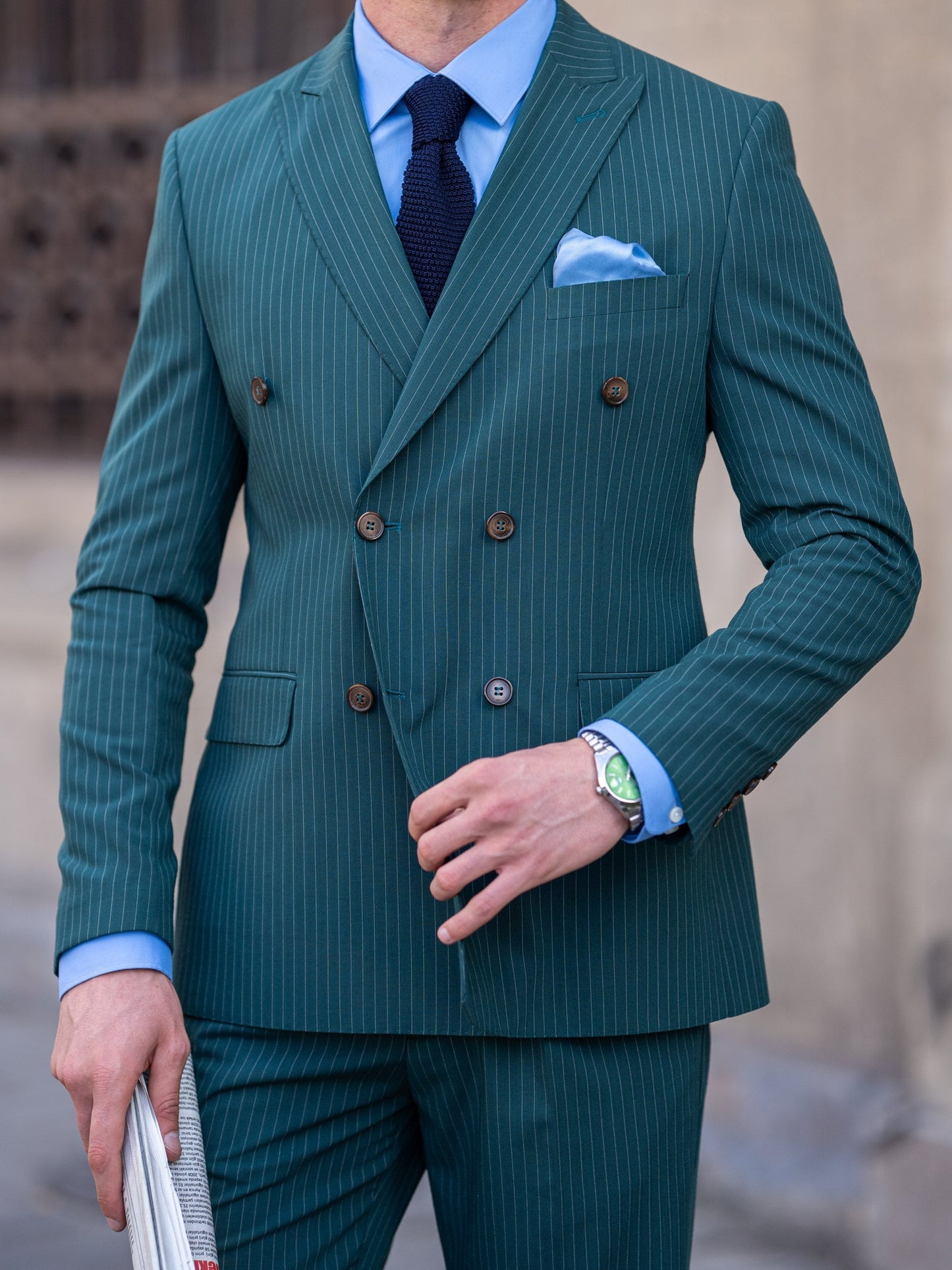 Green Striped Double Breasted Suit 2-Piece VIOSSI