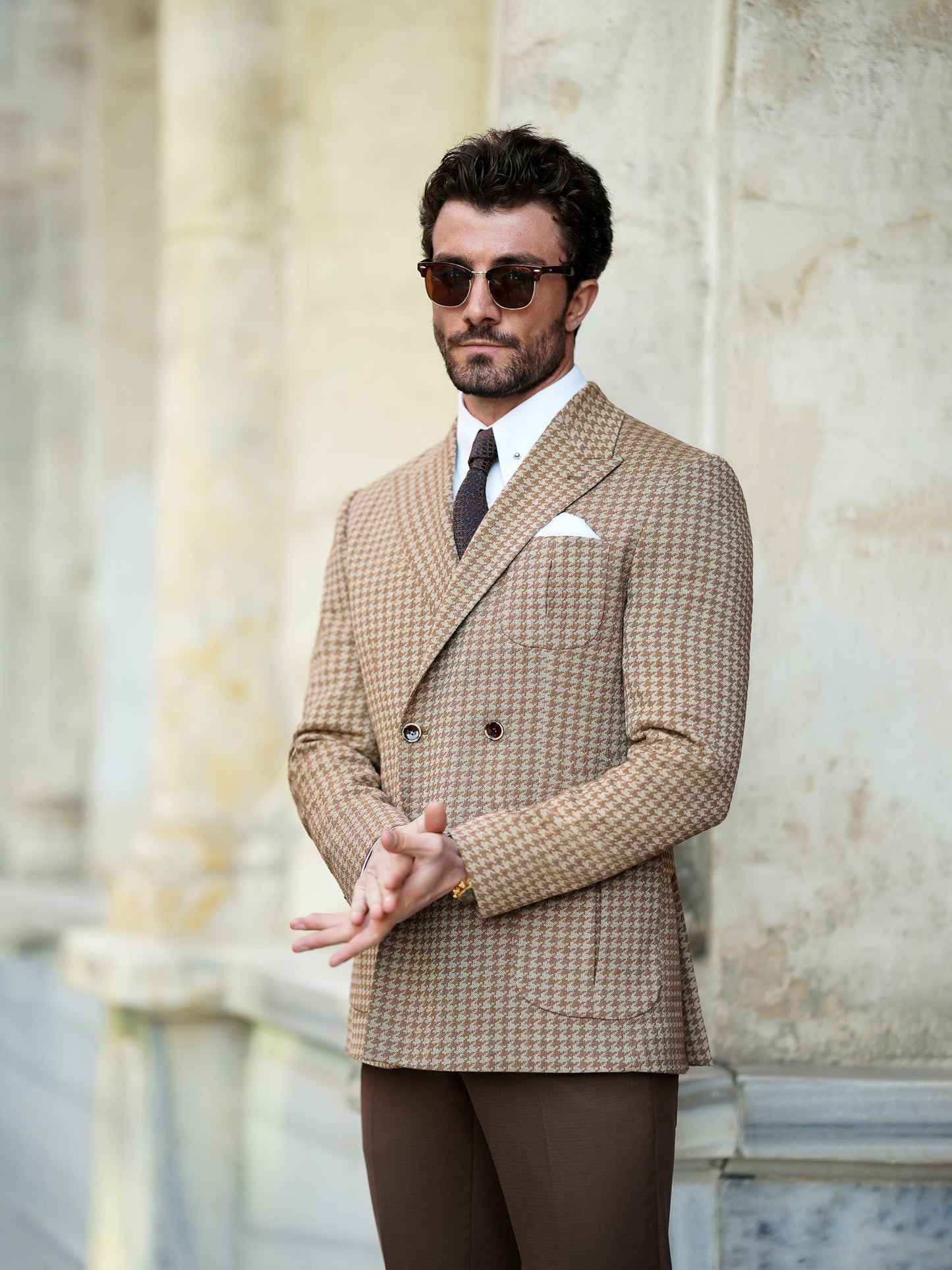 Brown Houndstooth Double Breasted Blazer - BRABION