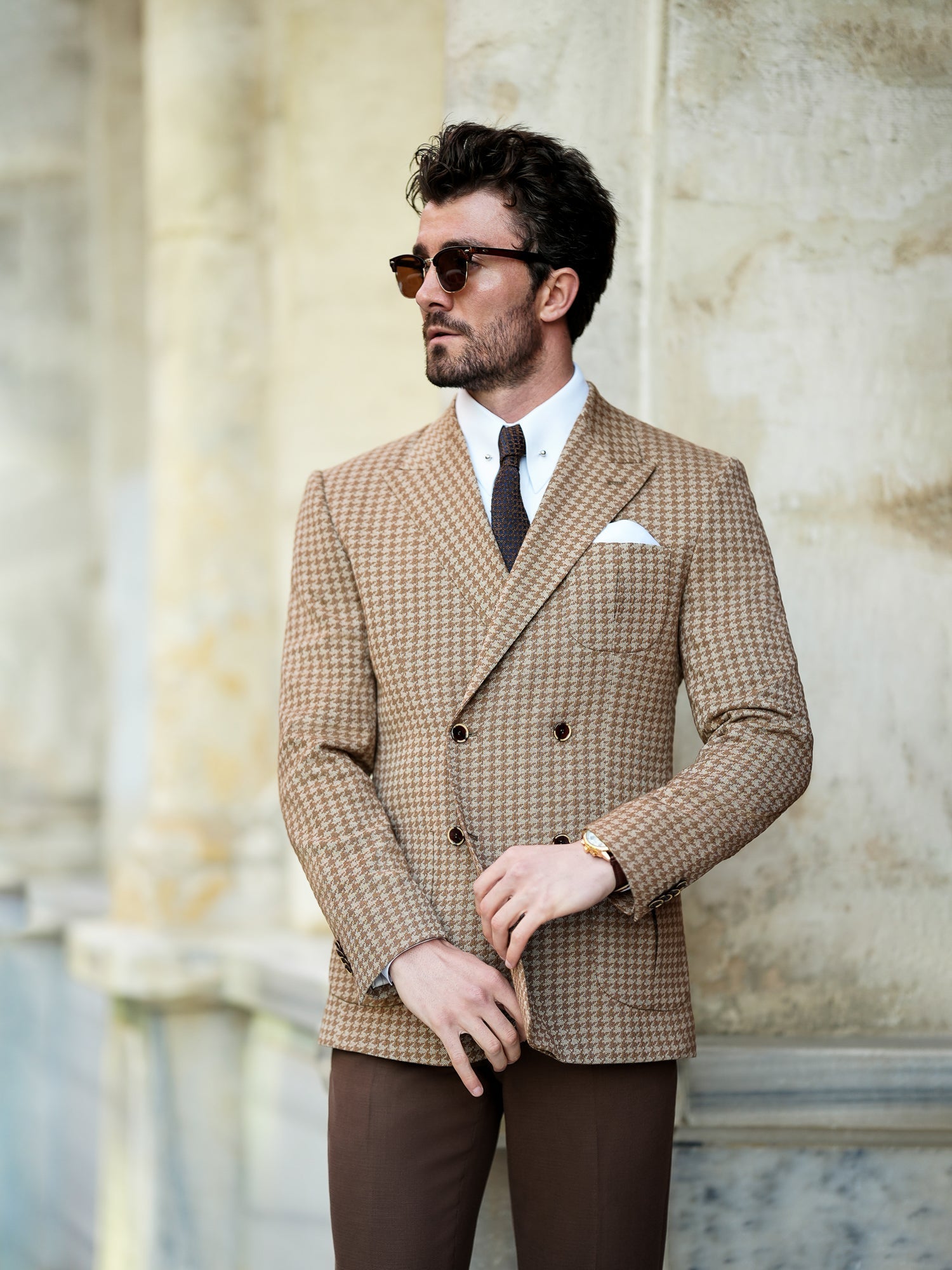 Brown Houndstooth Double Breasted Blazer - BRABION