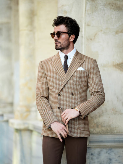 Brown Houndstooth Double Breasted Blazer - BRABION