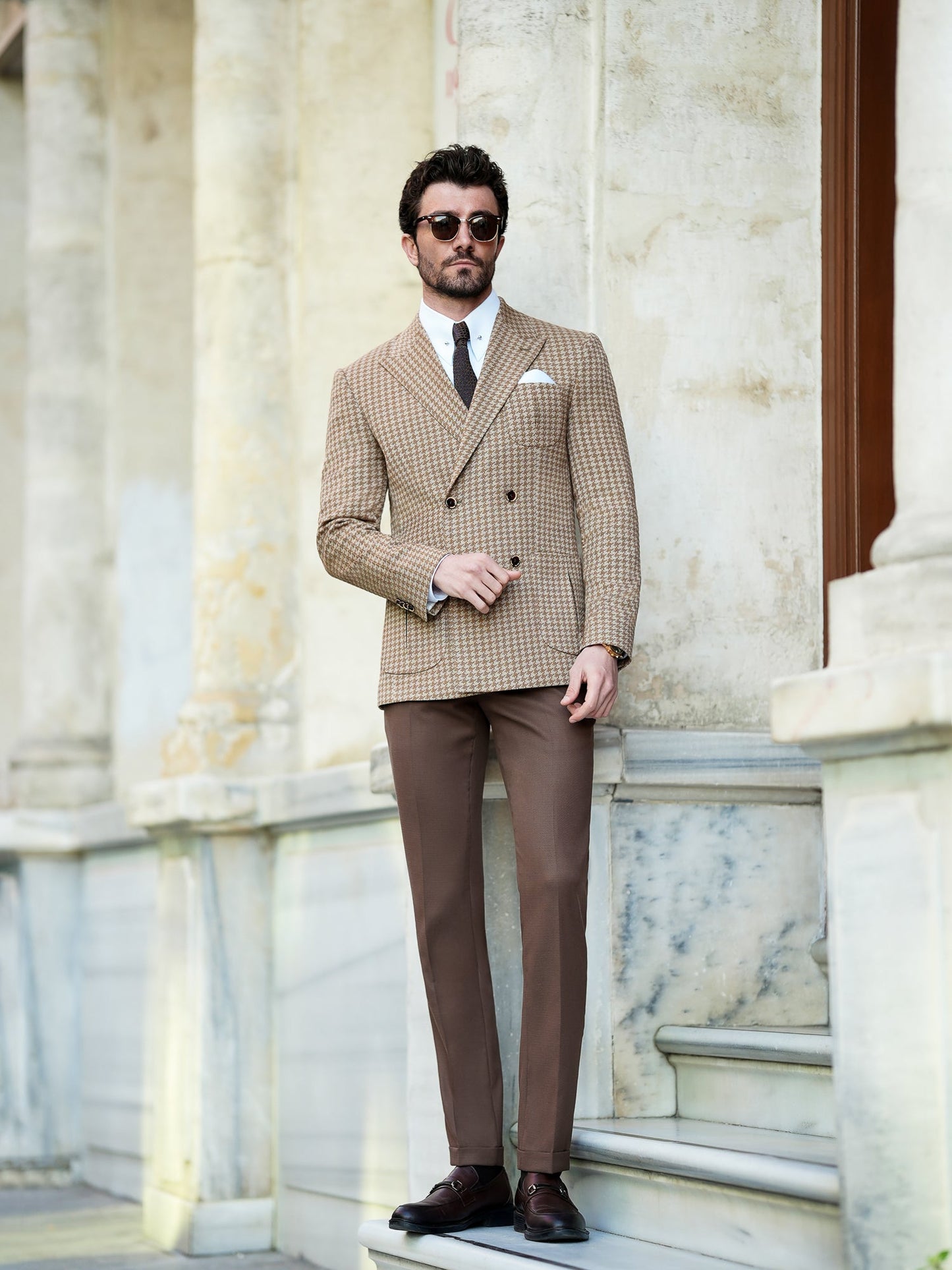 Brown Houndstooth Double Breasted Blazer - BRABION