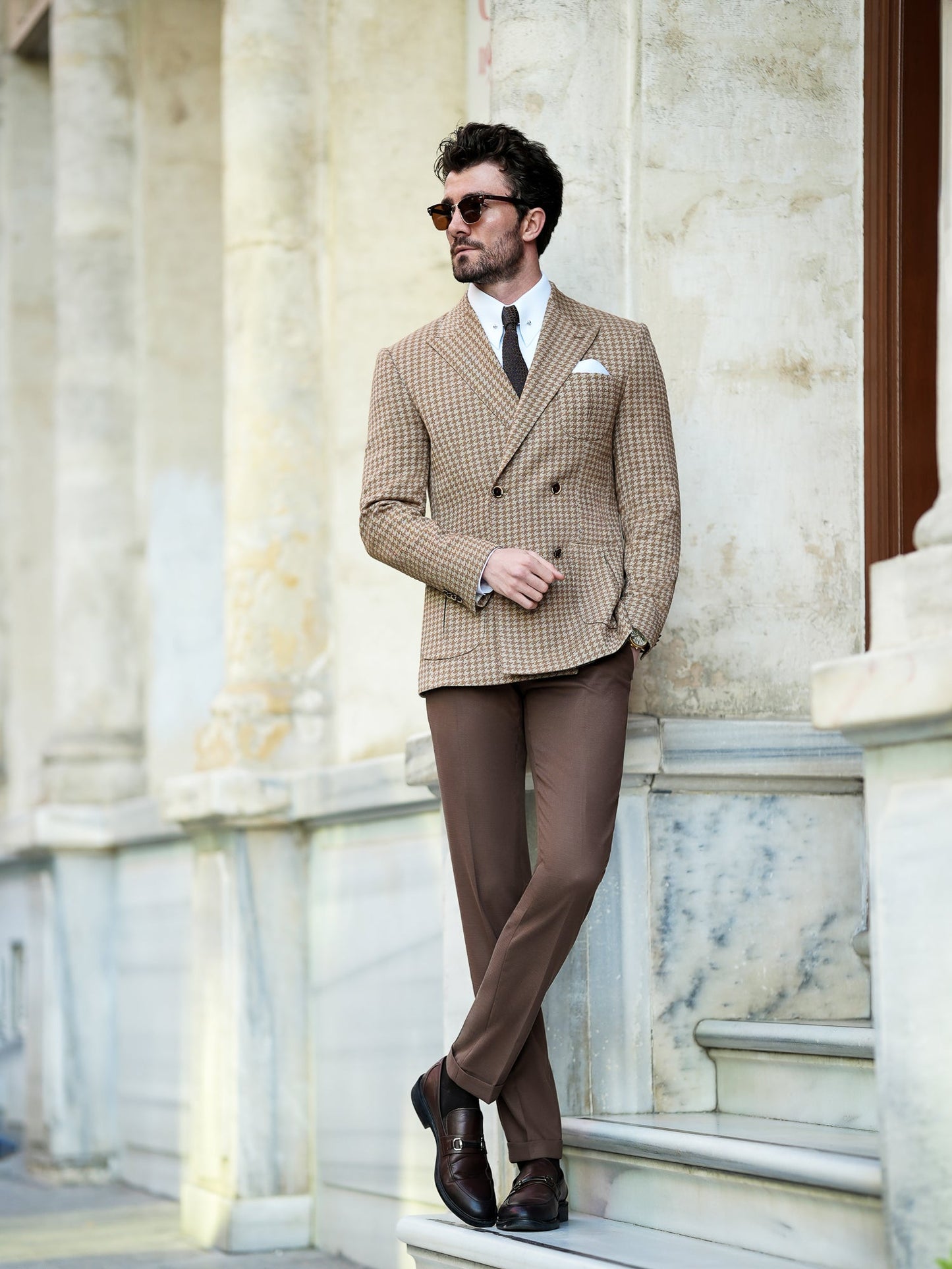 Brown Houndstooth Double Breasted Blazer - BRABION