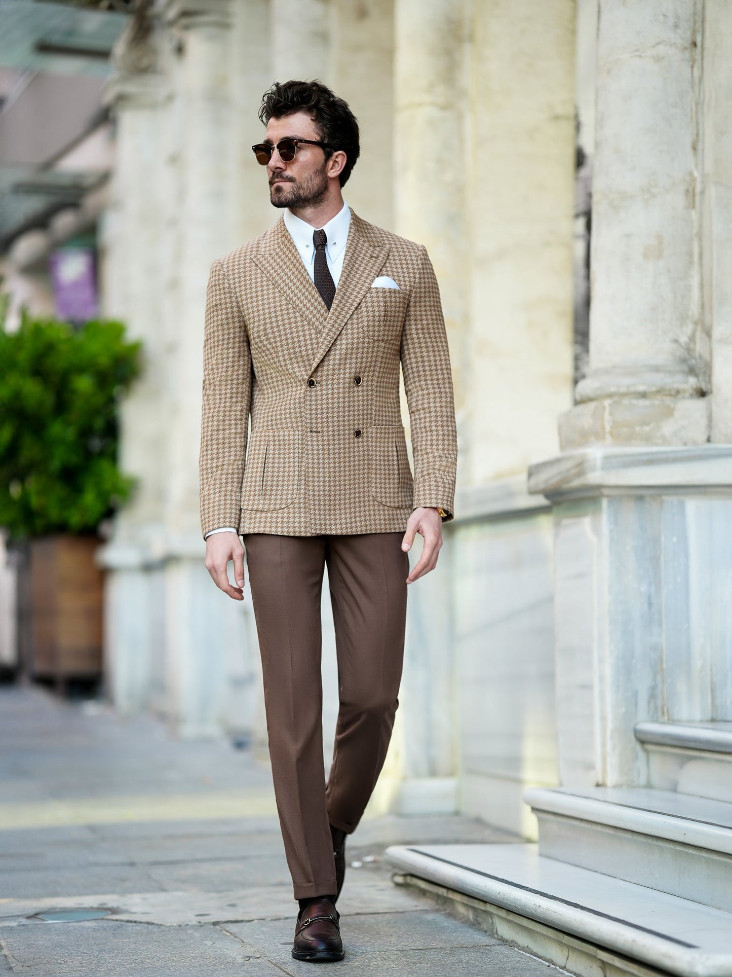 Brown Houndstooth Double Breasted Blazer - BRABION