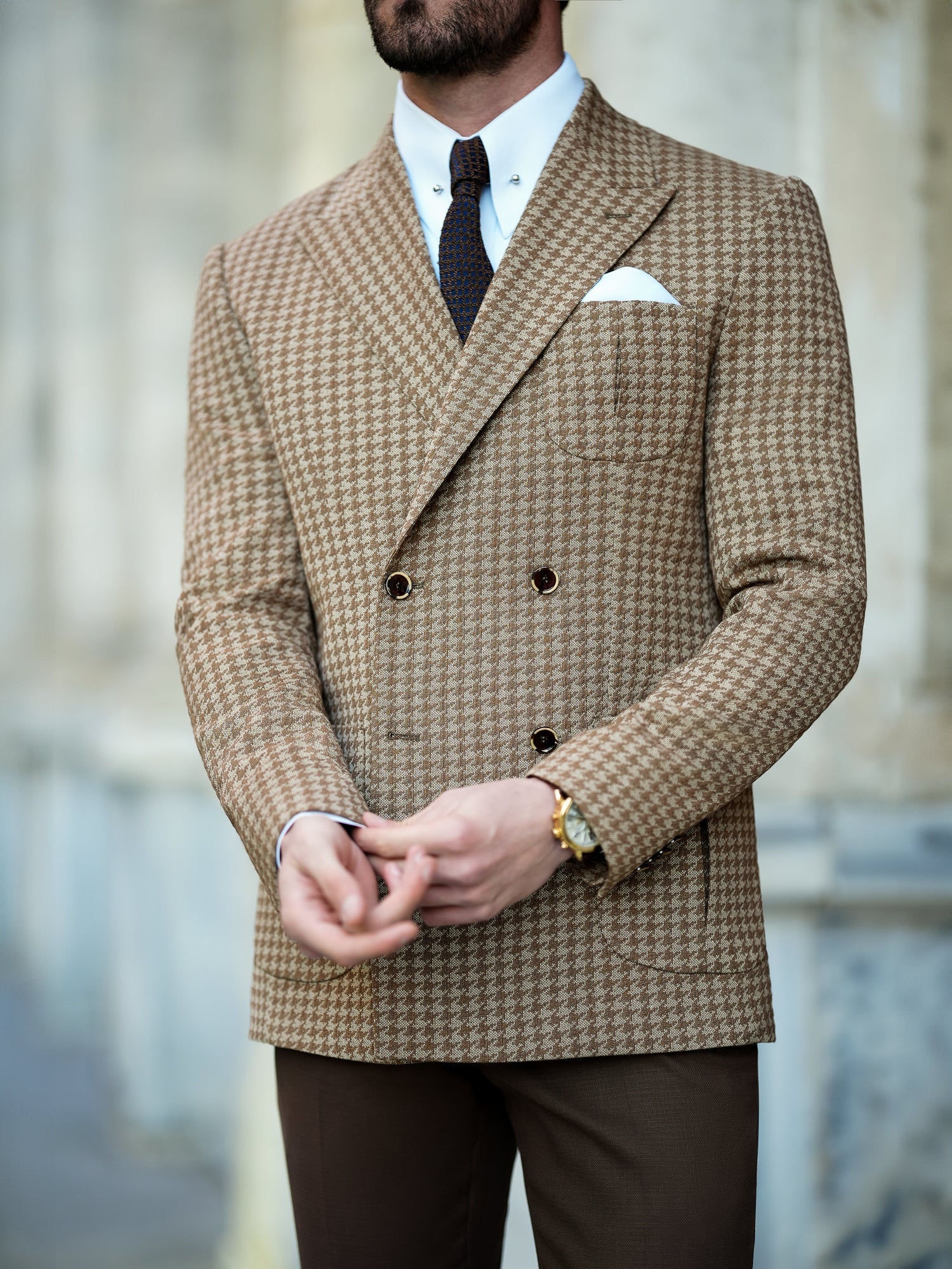 Brown Houndstooth Double Breasted Blazer - BRABION