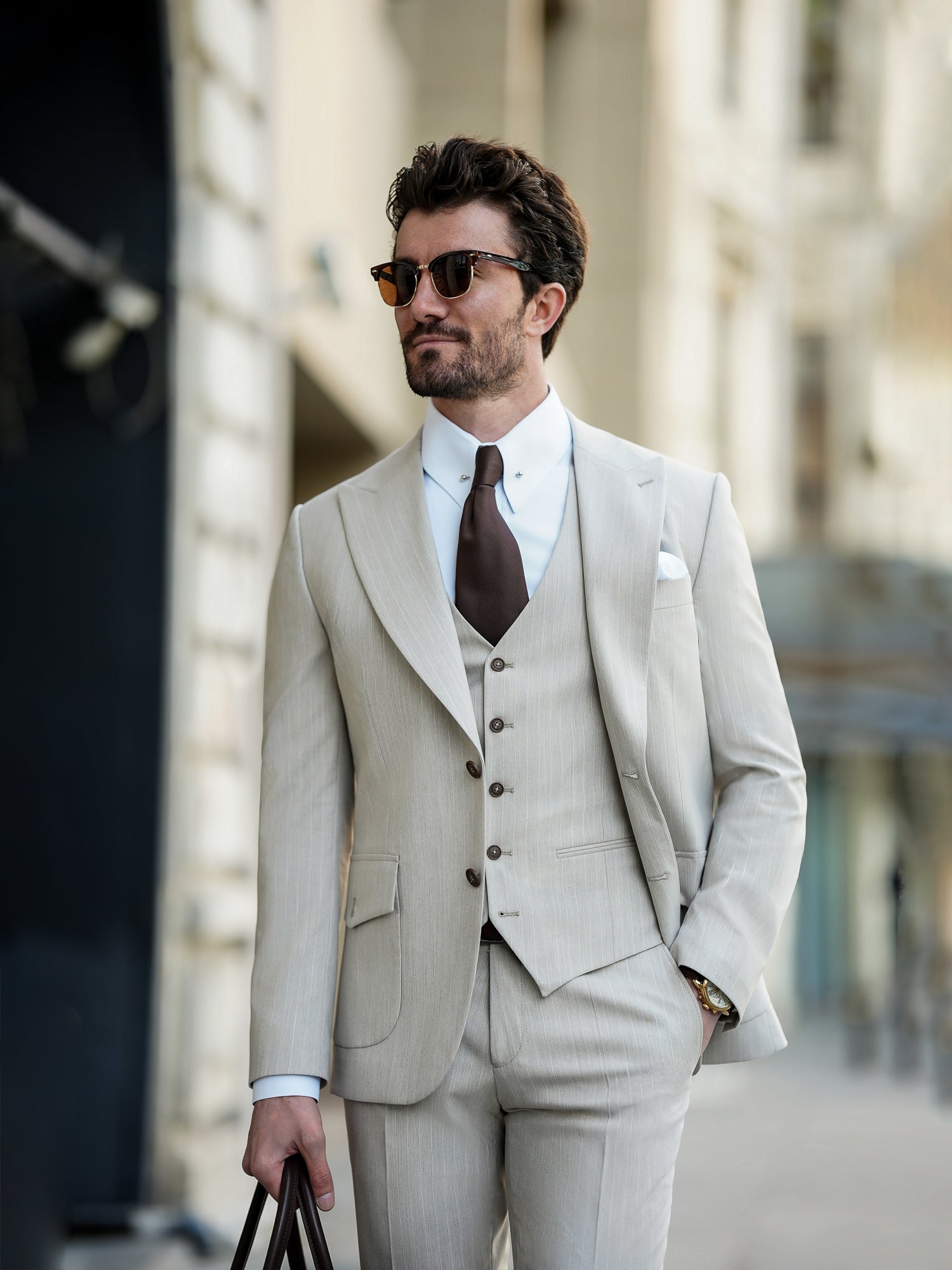 Beige Striped Slim-Fit Suit 3-Piece VIOSSI