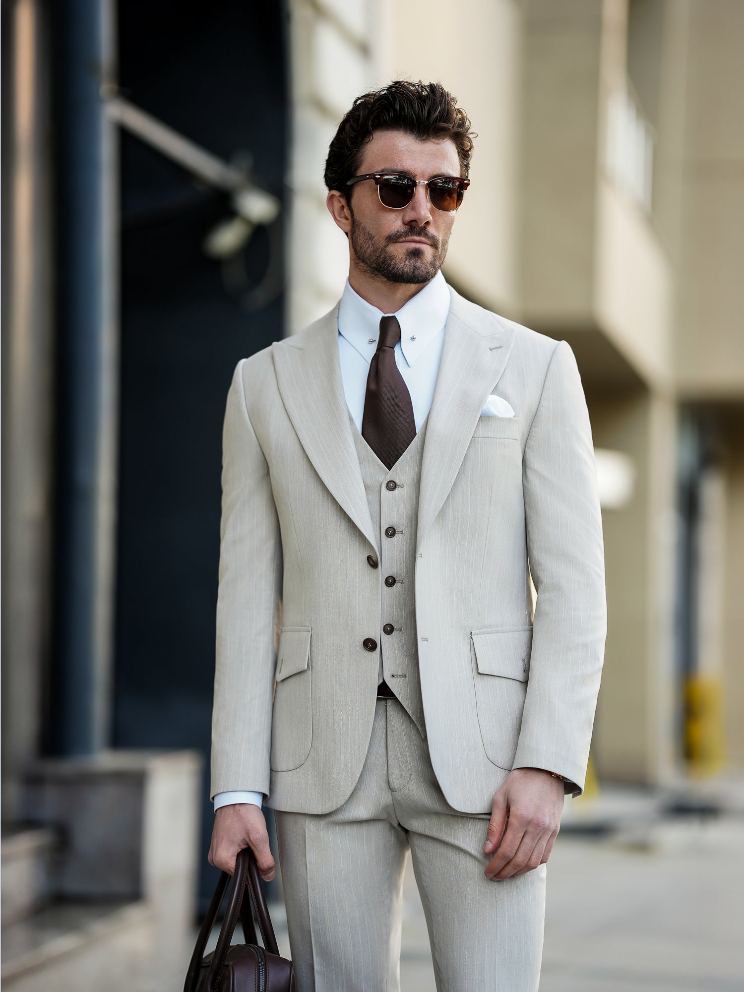 Beige Striped Slim-Fit Suit 3-Piece VIOSSI