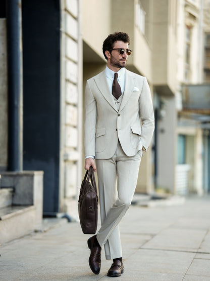 Beige Striped Slim-Fit Suit 3-Piece VIOSSI
