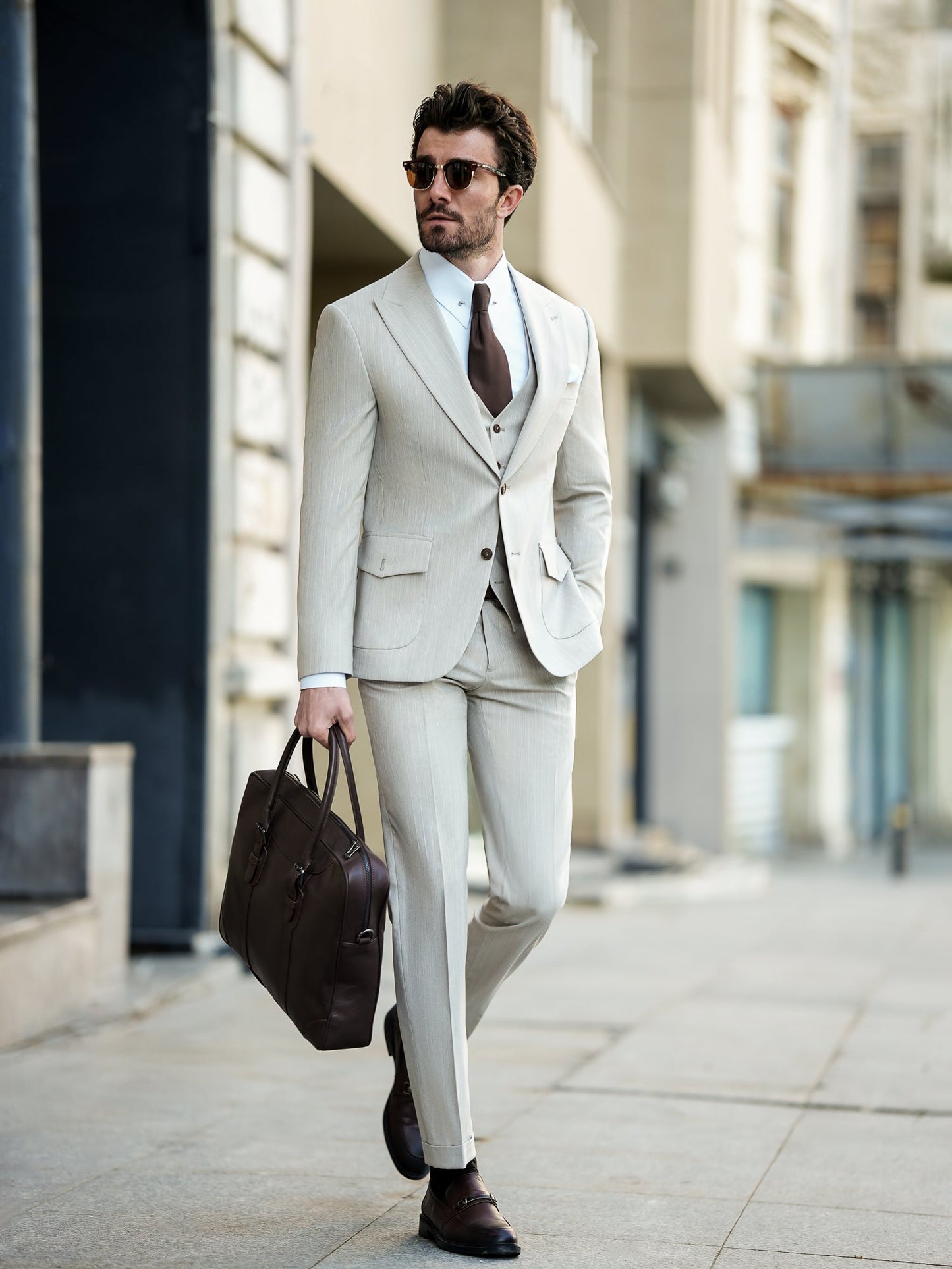 Beige Striped Slim-Fit Suit 3-Piece VIOSSI