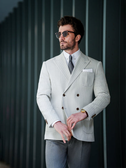 Light Grey Houndstooth Double Breasted Blazer - BRABION