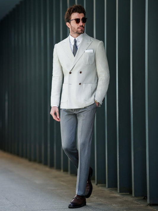 Light Grey Houndstooth Double Breasted Blazer - BRABION