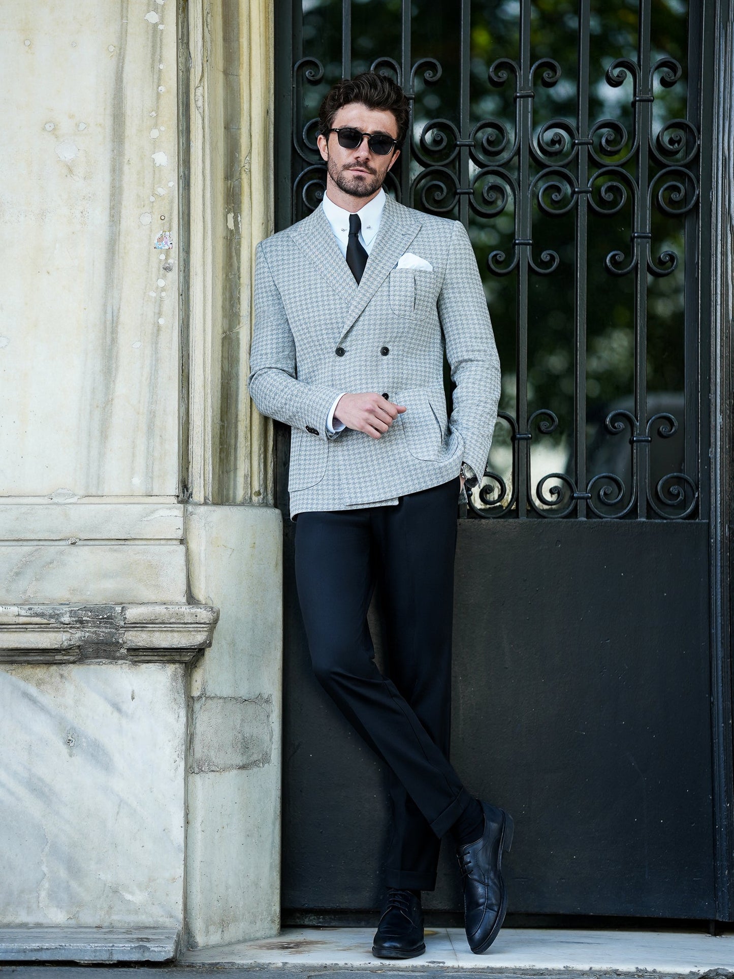 Grey Houndstooth Double Breasted Blazer - BRABION