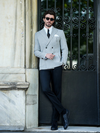 Grey Houndstooth Double Breasted Blazer - BRABION