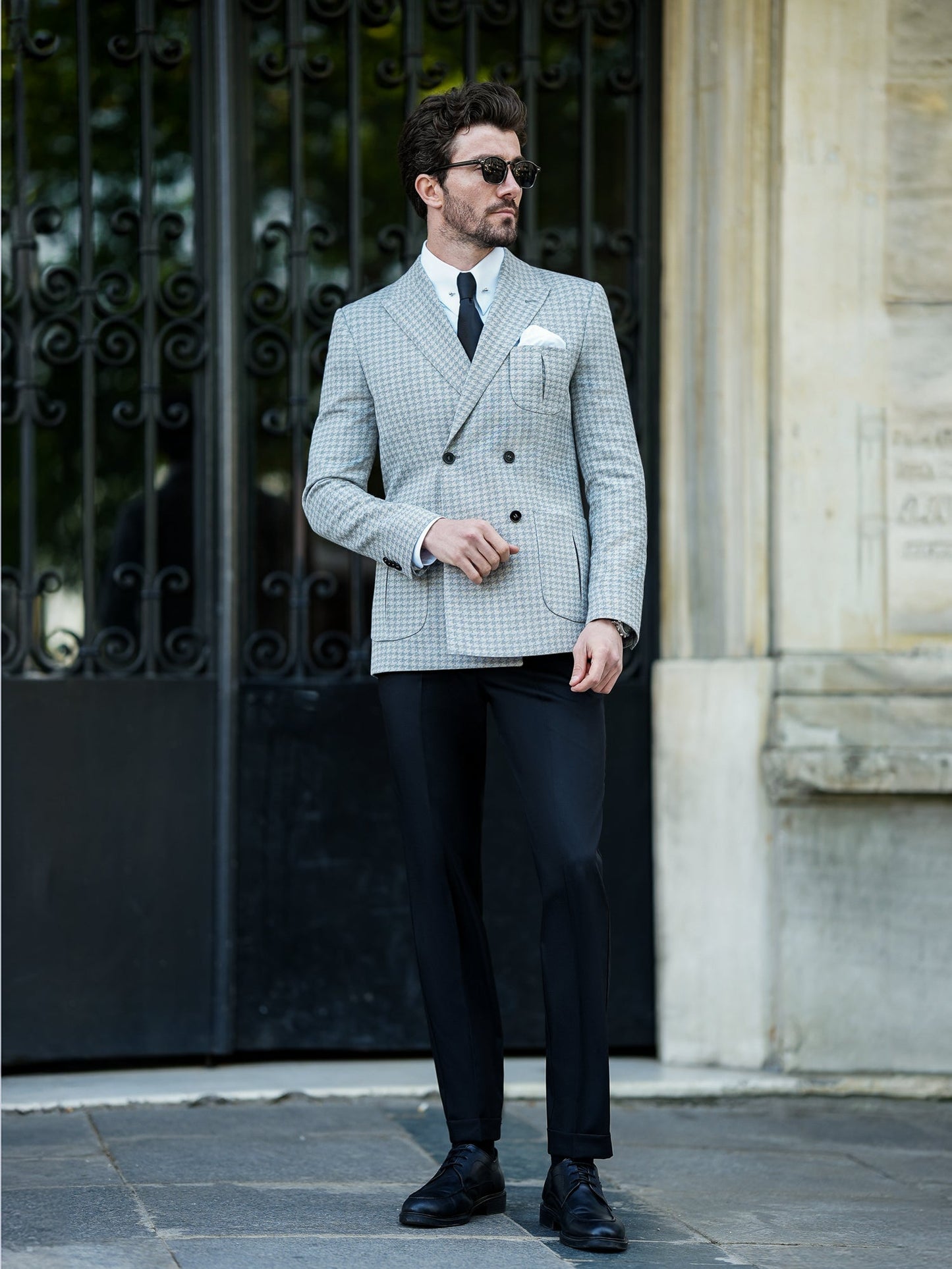 Grey Houndstooth Double Breasted Blazer - BRABION
