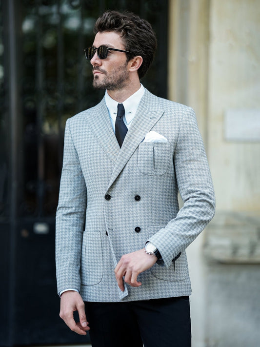 Grey Houndstooth Double Breasted Blazer - BRABION