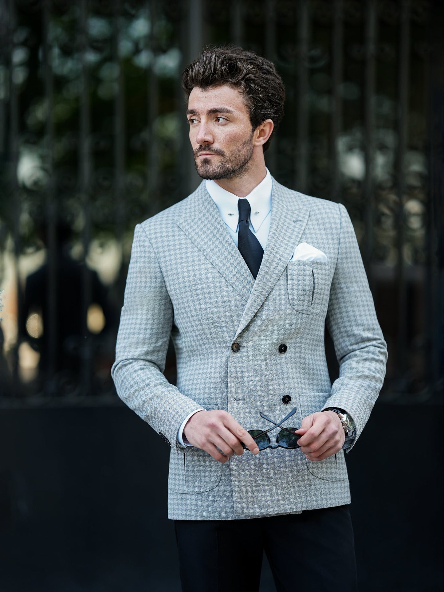 Grey Houndstooth Double Breasted Blazer - BRABION