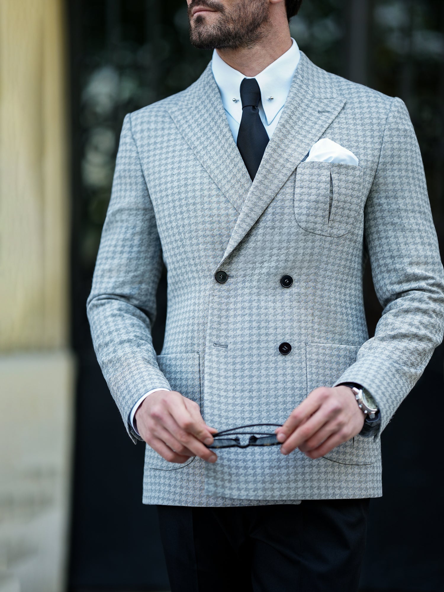 Grey Houndstooth Double Breasted Blazer - BRABION