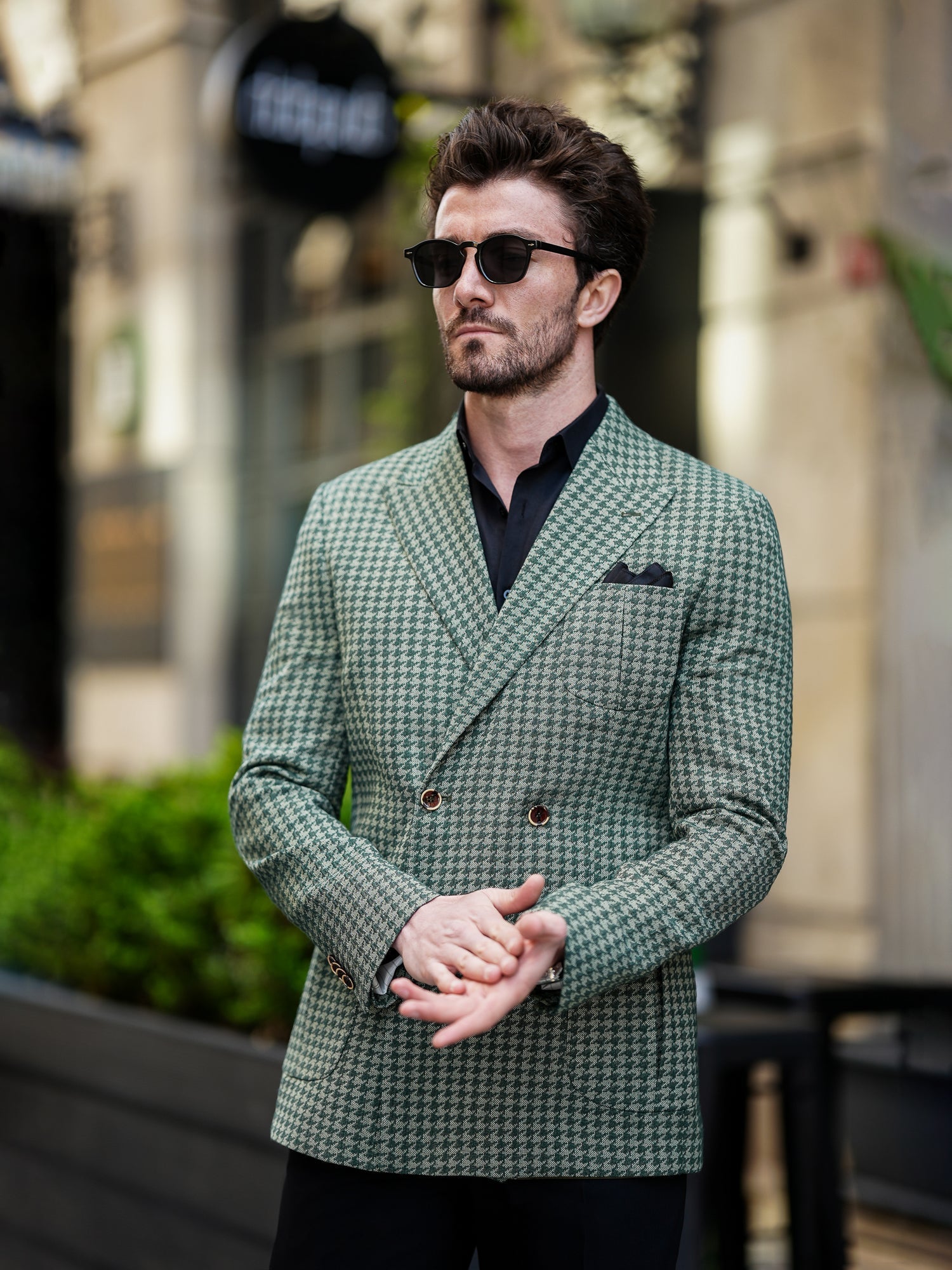 Green Houndstooth Double Breasted Blazer - BRABION