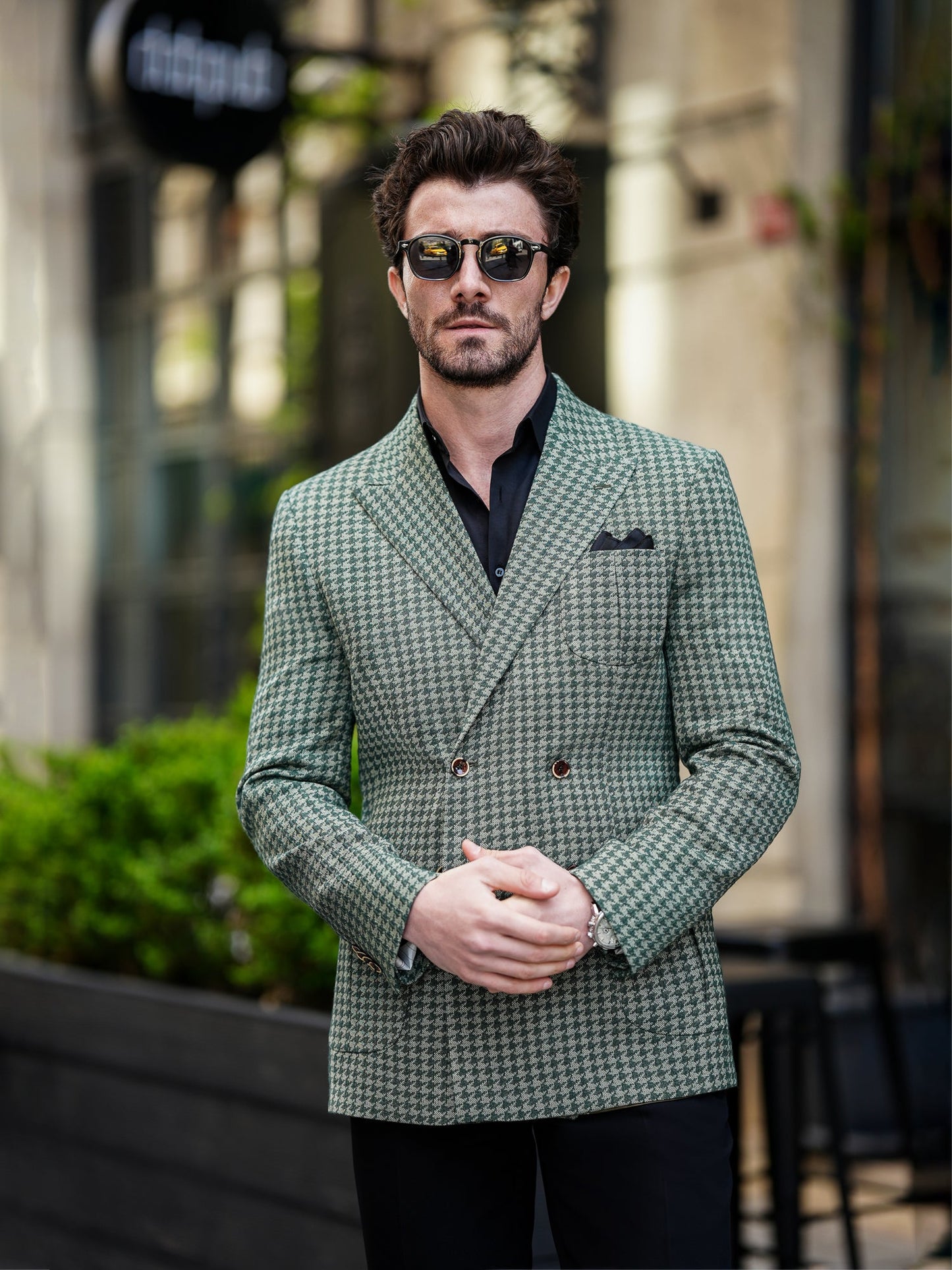 Green Houndstooth Double Breasted Blazer - BRABION